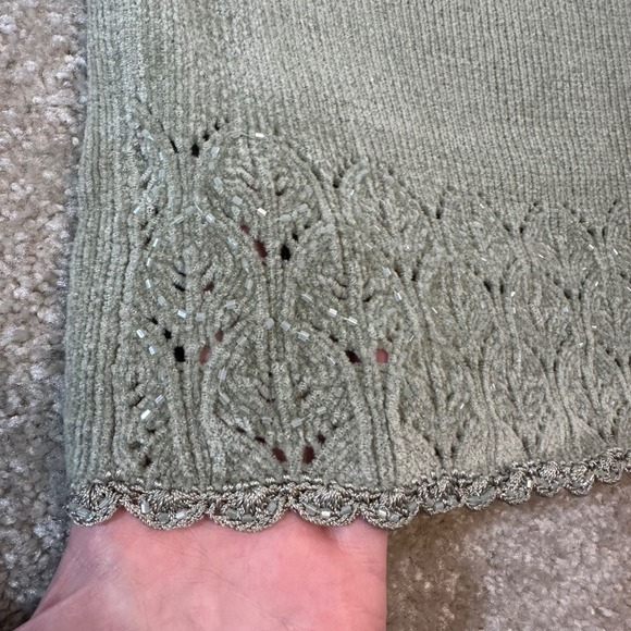 Jenny Vintage Sage Green Beaded Pointelle Cardigan Sweater Scalloped Trim Small - Picture 5 of 10
